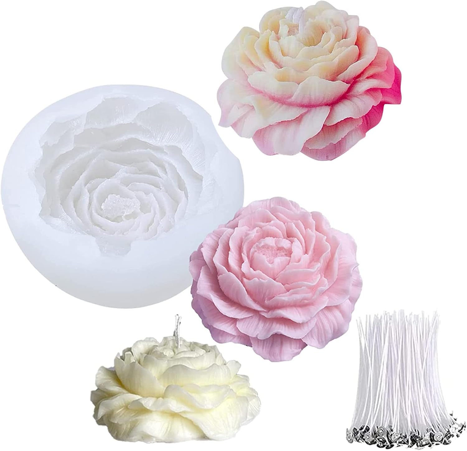 Candle Warning Label - Silikon 3D Pfingstrosen-Kerzenform, Aromatherapie-Seifen-DIY-Set mit 10